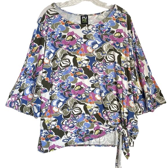 Pure Essence Top Women XL Multicolor Floral Abstract Tie Hem 3/4 Sleeve Stretch - Picture 1 of 8